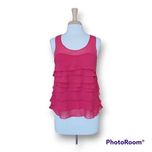 Express Tiered Ruffle Sleeveless Blouse in Raspberry Red. Size Medium.
